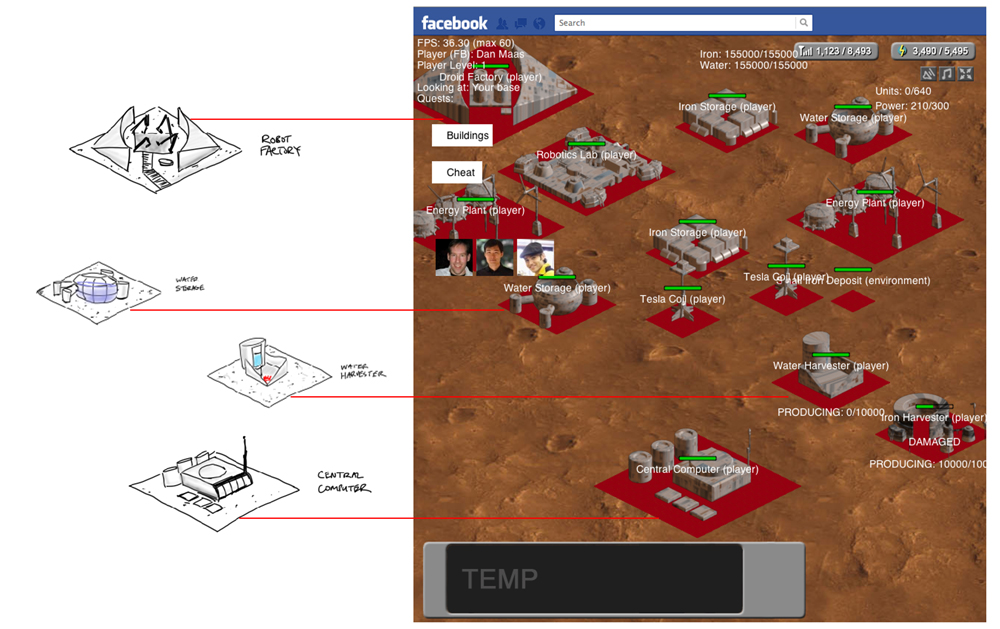 Original Facebook Mars Frontier colony map beside building concept sketches