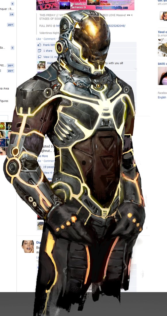 Alder character concept — dark powered armor with glowing gold circuitry