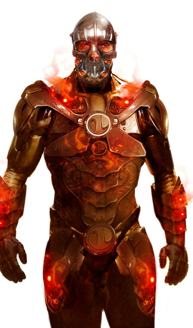 Devil character concept — armored figure with molten red energy and skull-like helm