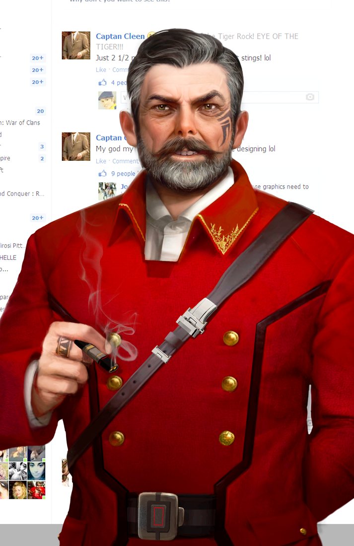 Drakus character concept — red-coated officer with facial tattoo and cigar