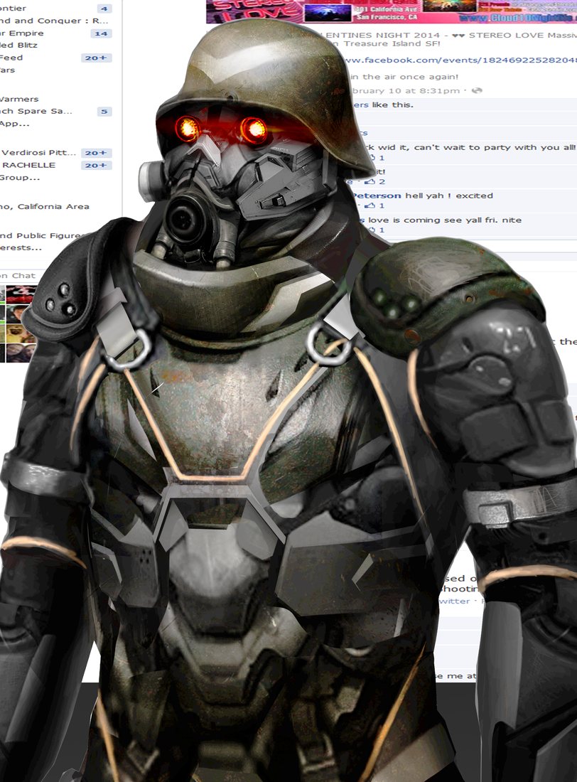 Tonca character concept — gas-masked soldier with glowing red eye lenses