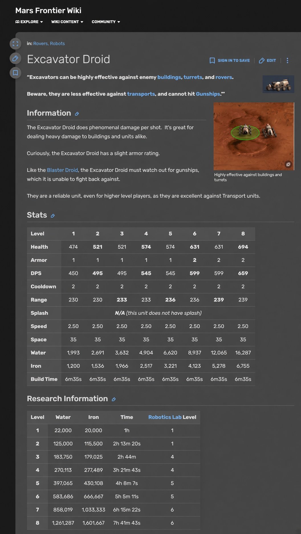 Mars Frontier Wiki — Excavator Droid stats and research tables