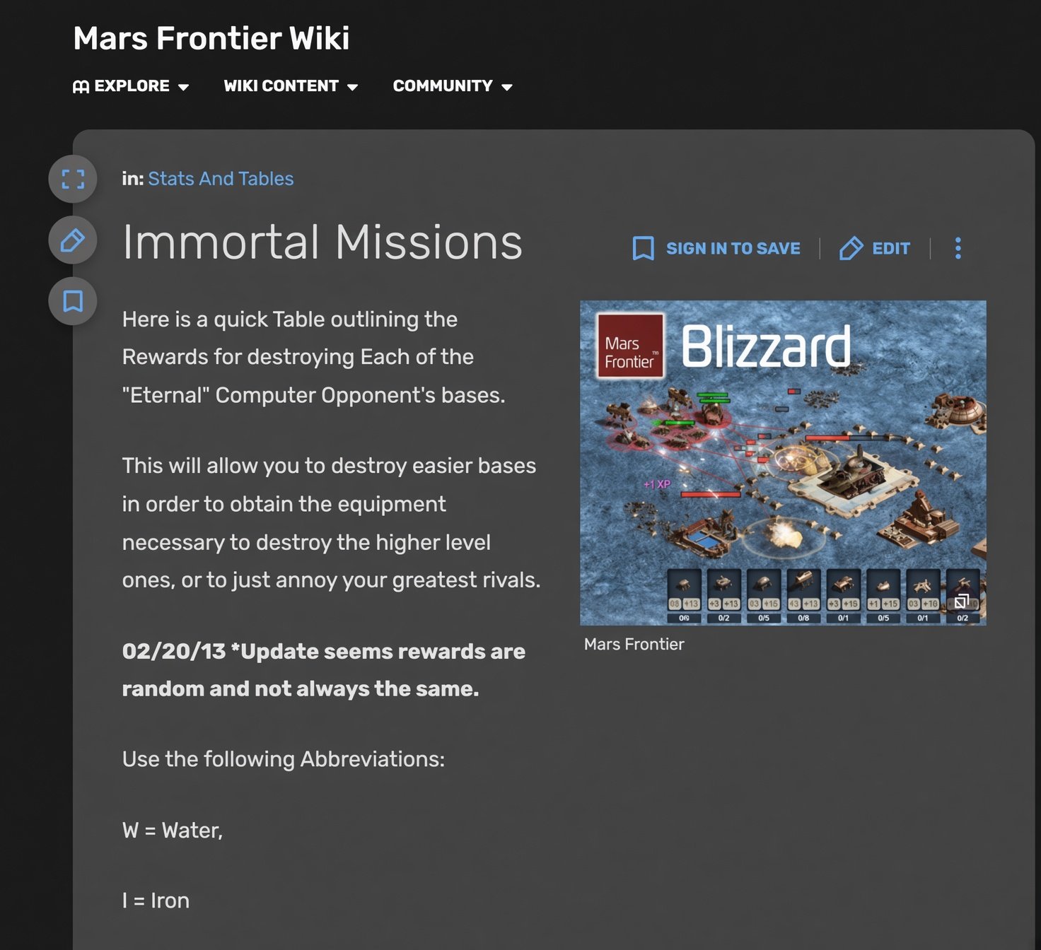 Mars Frontier Wiki — Immortal Missions reward tables