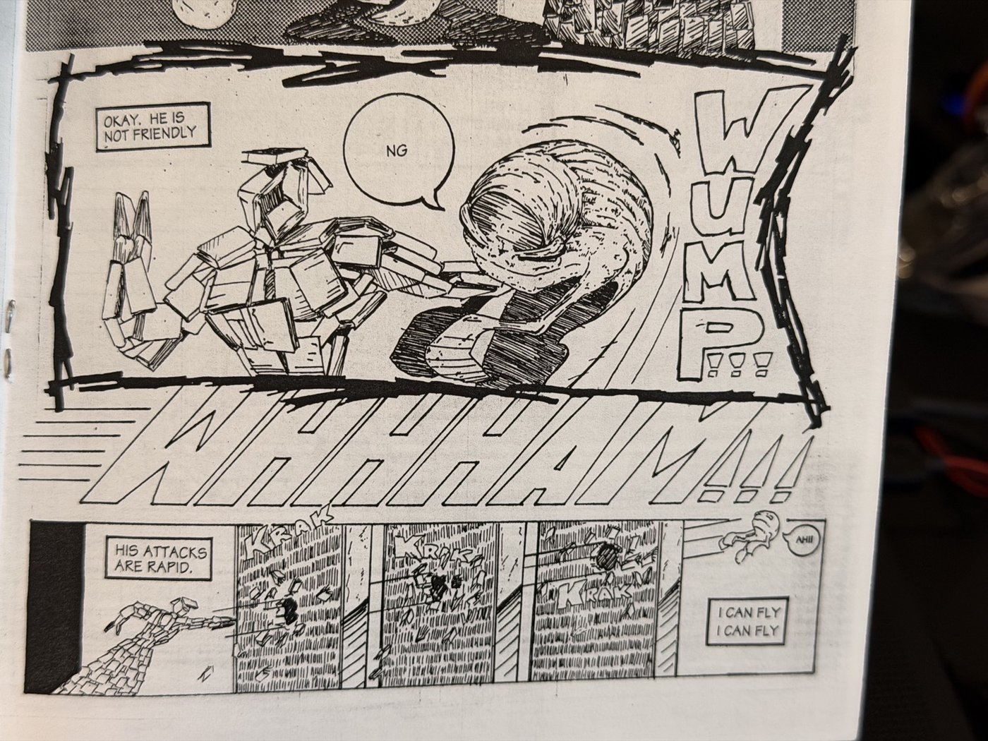 Bladeimere page — WUMP fight sequence, Bookman vs creature