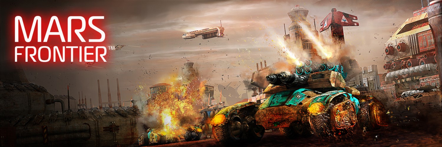 Mars Frontier homepage key art — tank under fire on the colony skyline
